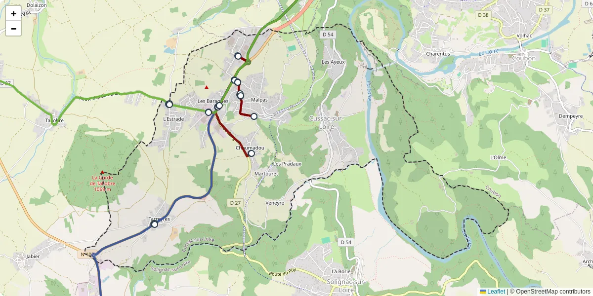 Carte du réseau de transport en commun à Cussac-sur-Loire - lignes de bus et arrêts