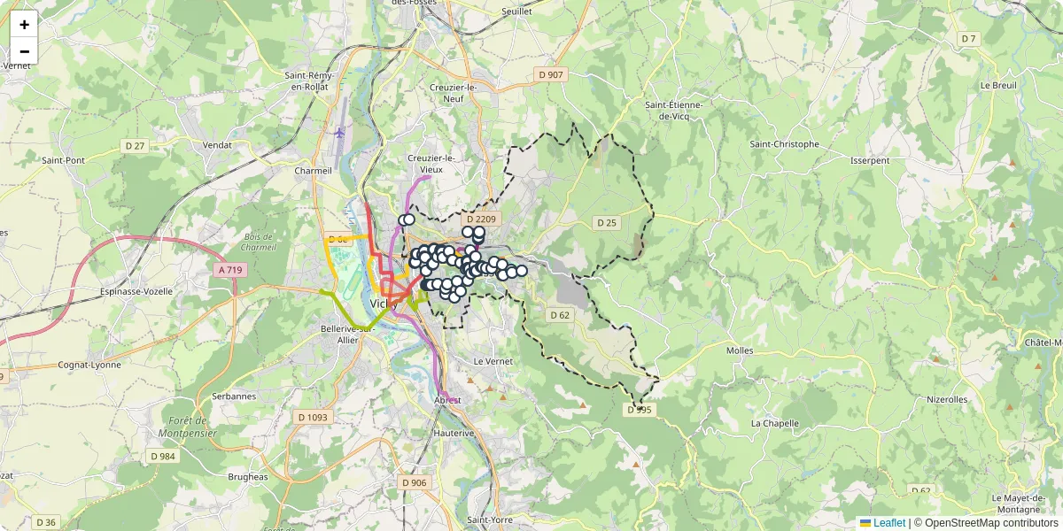 Carte du réseau de transport en commun à Cusset - lignes de bus et arrêts