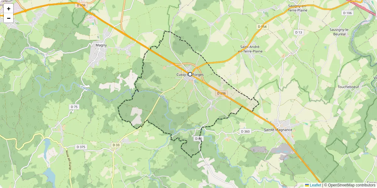 Carte du réseau de transport en commun à Cussy-les-Forges - lignes de bus et arrêts