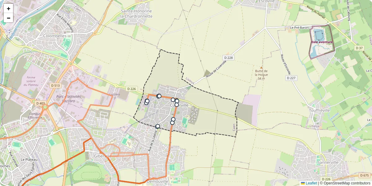 Carte du réseau de transport en commun à Cuverville - lignes de bus et arrêts