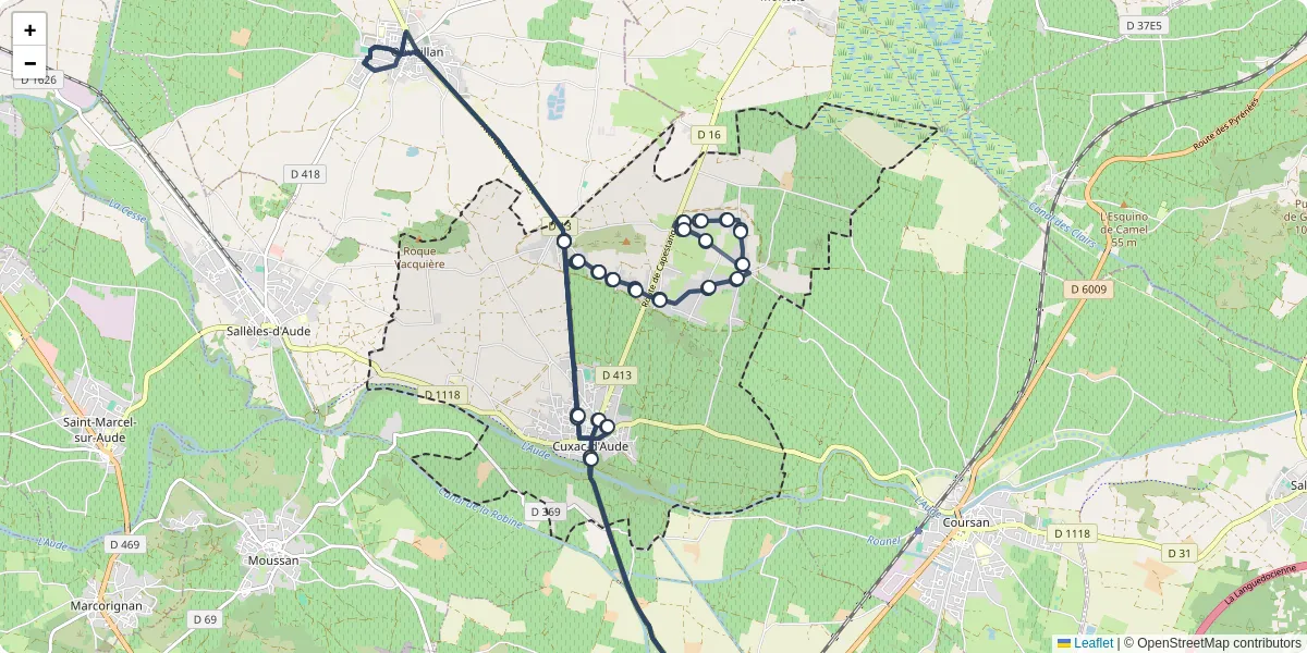 Carte du réseau de transport en commun à Cuxac-d'Aude - lignes de bus et arrêts