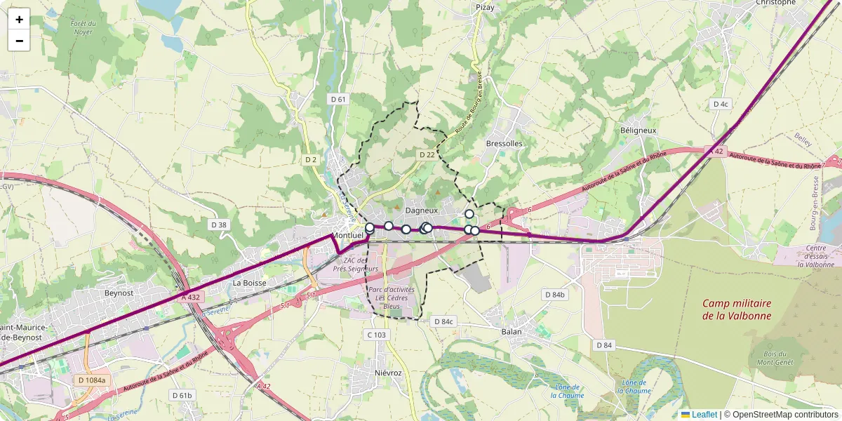 Carte du réseau de transport en commun à Dagneux - lignes de bus et arrêts