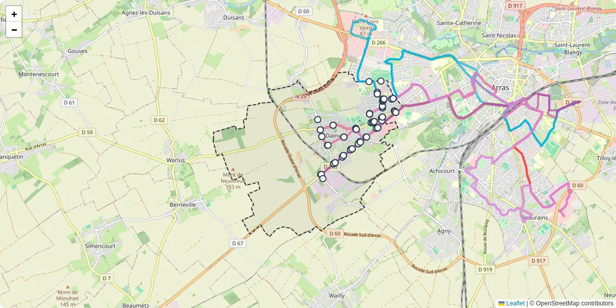 Carte du réseau de transport en commun à Dainville - lignes de bus et arrêts