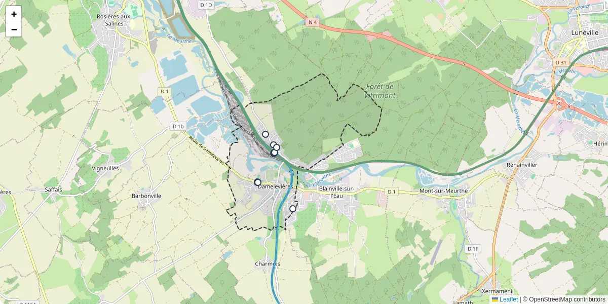 Carte du réseau de transport en commun à Damelevières - lignes de bus et arrêts