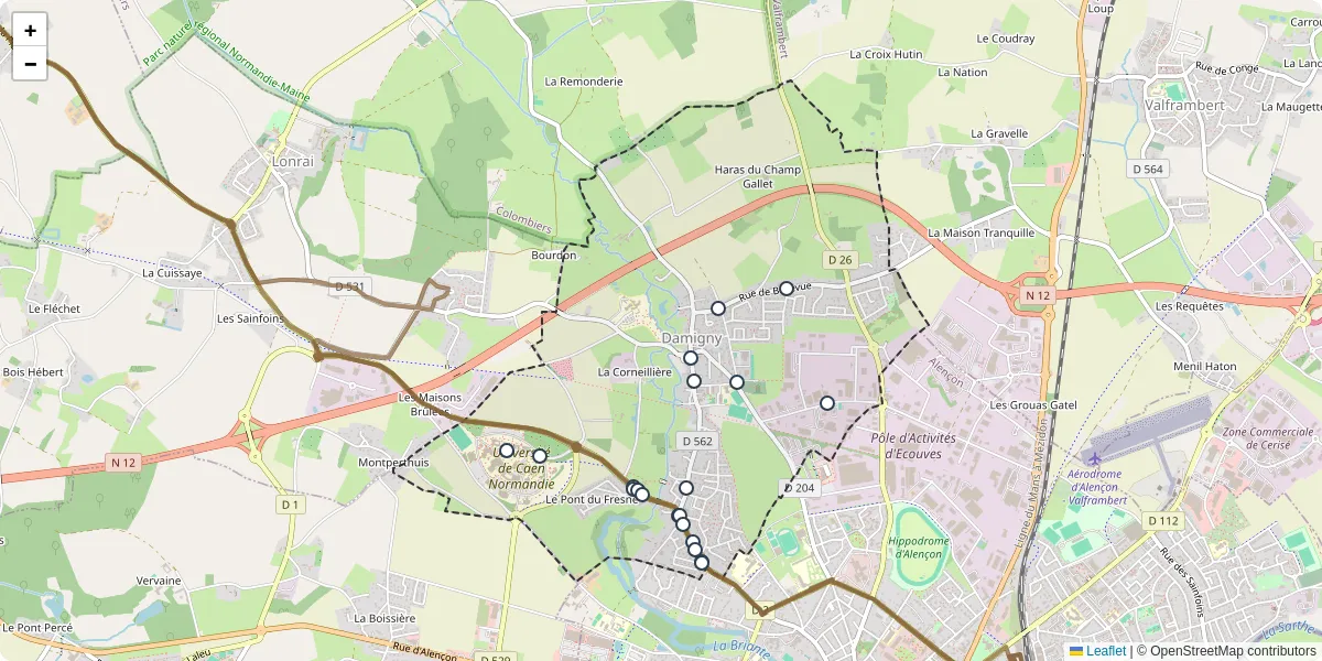 Carte du réseau de transport en commun à Damigny - lignes de bus et arrêts