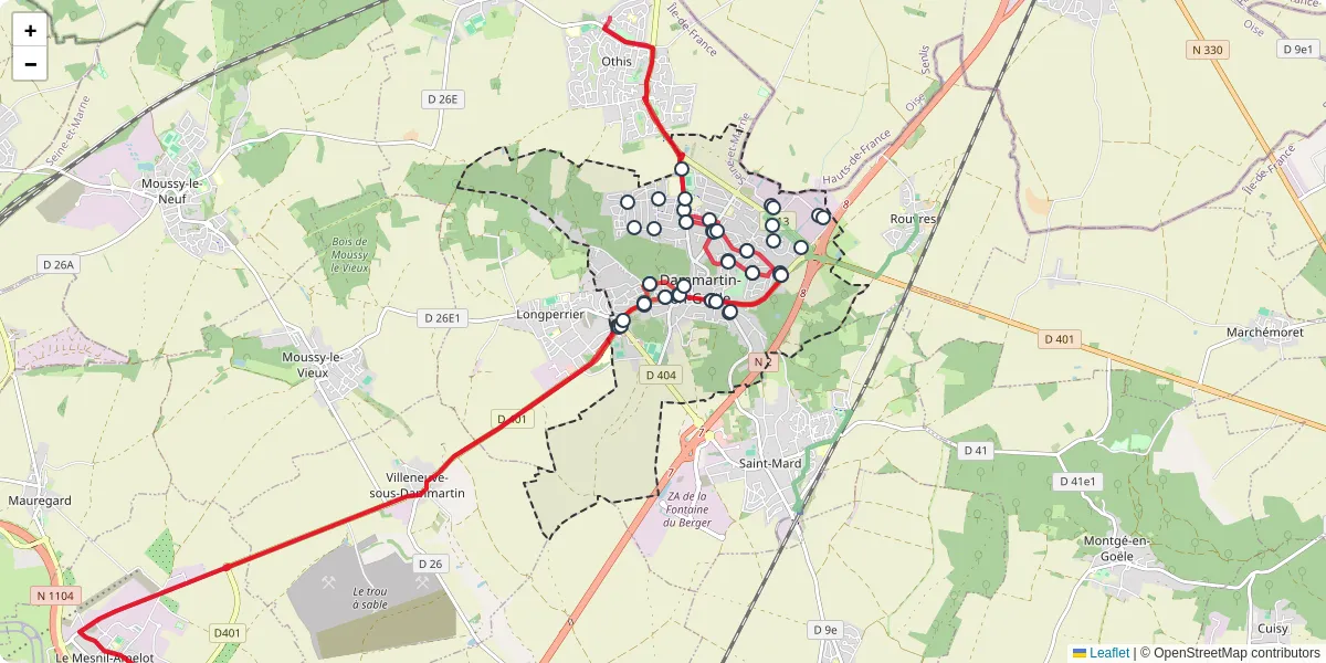 Carte du réseau de transport en commun à Dammartin-en-Goële - lignes de bus et arrêts