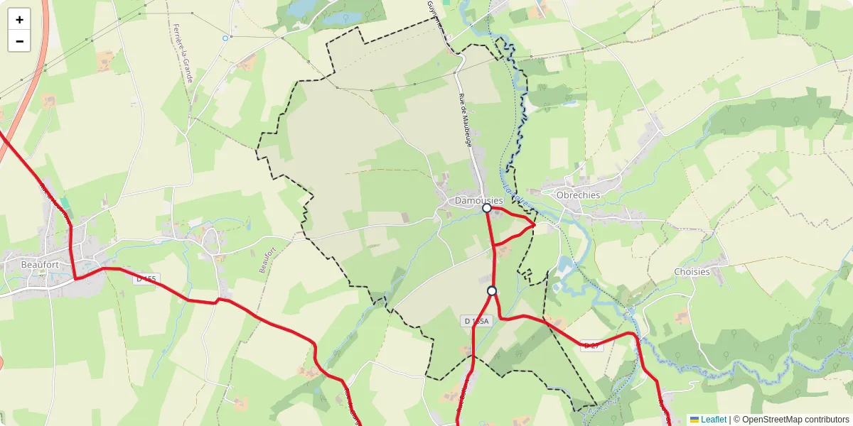 Carte du réseau de transport en commun à Damousies - lignes de bus et arrêts