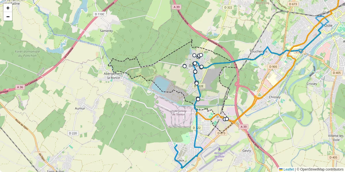 Carte du réseau de transport en commun à Damparis - lignes de bus et arrêts