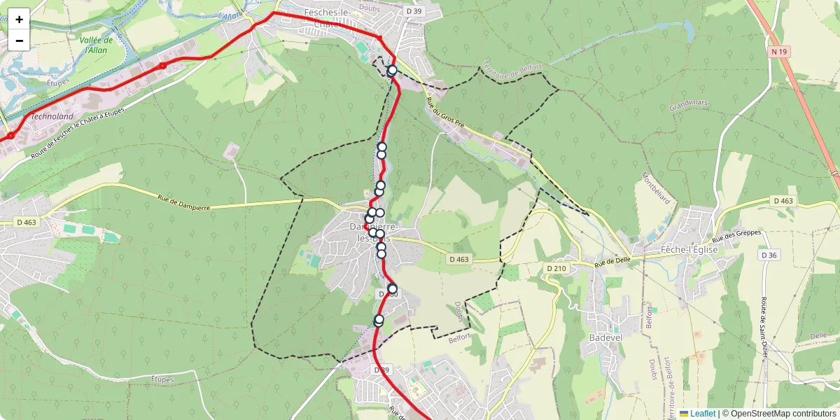 Carte du réseau de transport en commun à Dampierre-les-Bois - lignes de bus et arrêts