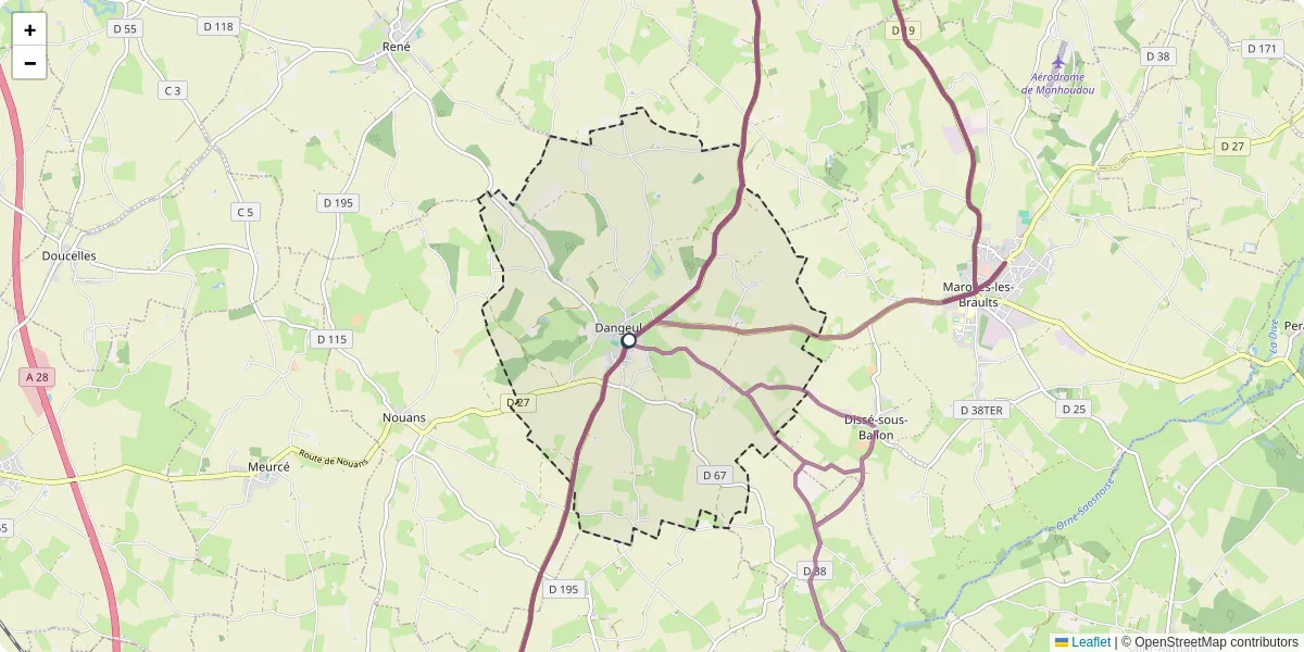Carte du réseau de transport en commun à Dangeul - lignes de bus et arrêts
