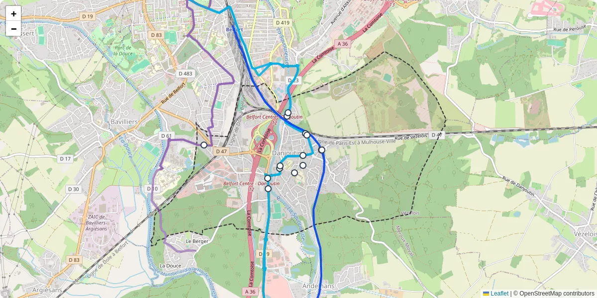 Carte du réseau de transport en commun à Danjoutin - lignes de bus et arrêts