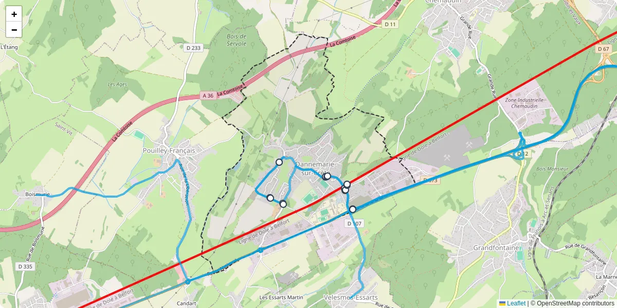 Carte du réseau de transport en commun à Dannemarie-sur-Crète - lignes de bus et arrêts
