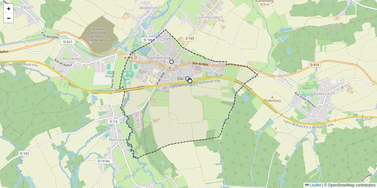 Carte du réseau de transport en commun à Dannemarie - lignes de bus et arrêts