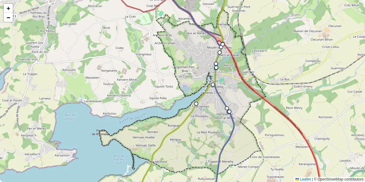 Carte du réseau de transport en commun à Daoulas - lignes de bus et arrêts