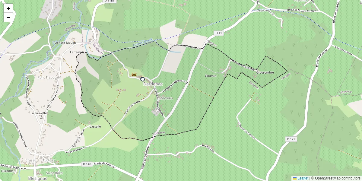 Carte du réseau de transport en commun à Dardenac - lignes de bus et arrêts