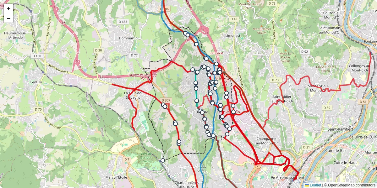 Carte du réseau de transport en commun à Dardilly - lignes de bus et arrêts