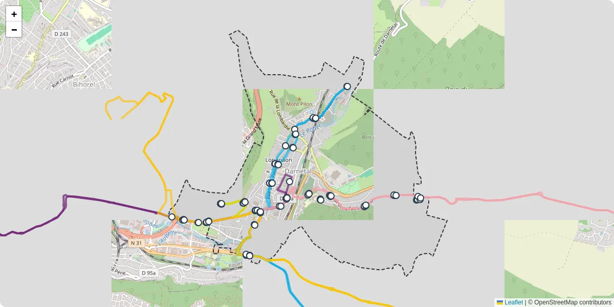 Carte du réseau de transport en commun à Darnétal - lignes de bus et arrêts