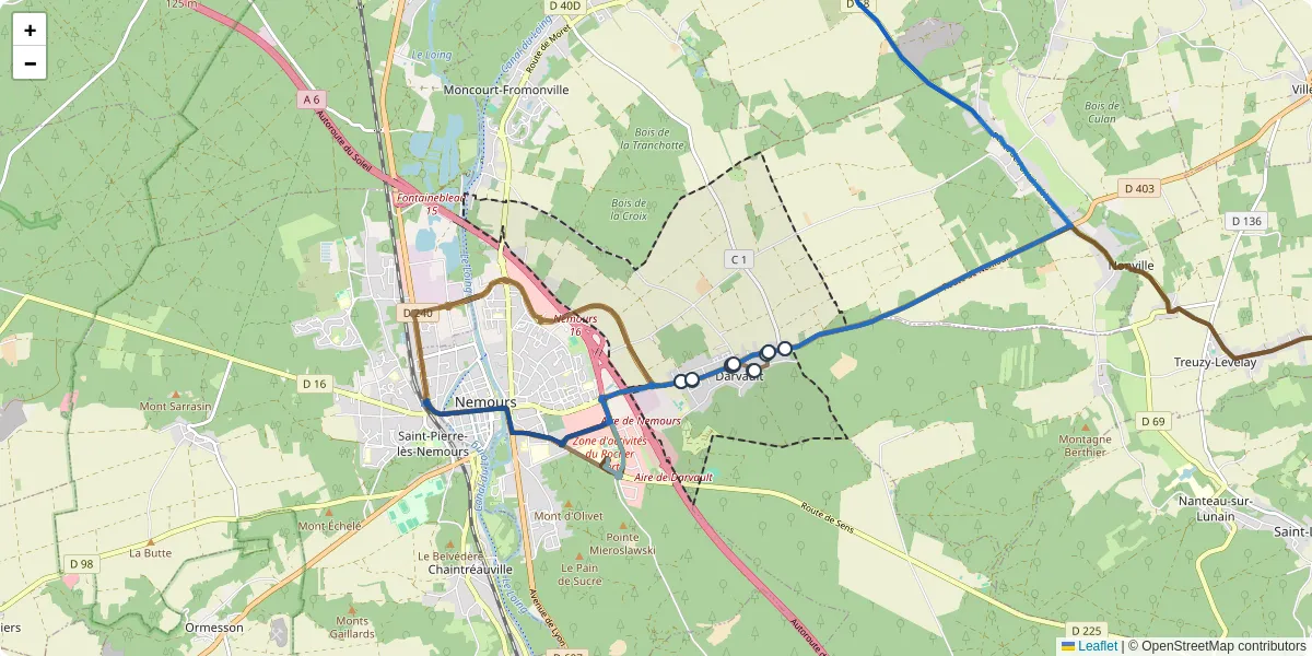 Carte du réseau de transport en commun à Darvault - lignes de bus et arrêts