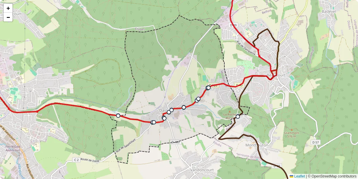 Carte du réseau de transport en commun à Dasle - lignes de bus et arrêts