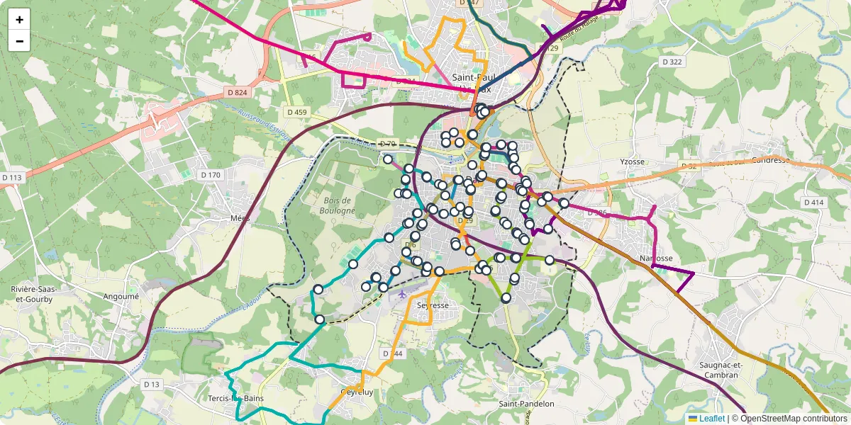 Carte du réseau de transport en commun à Dax - lignes de bus et arrêts