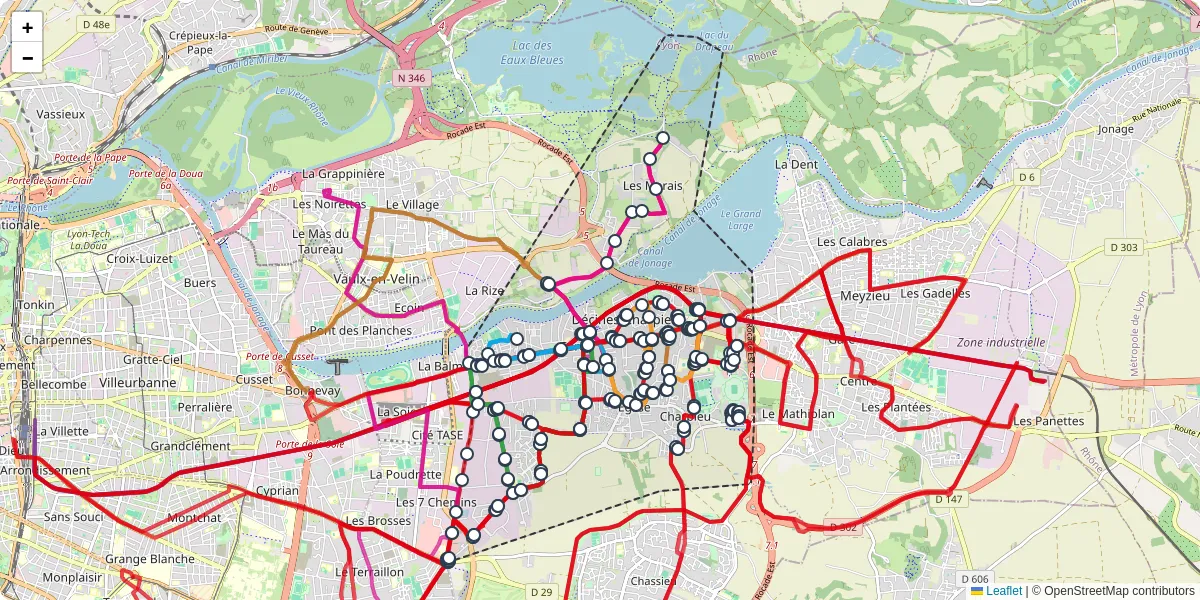 Carte du réseau de transport en commun à Décines-Charpieu - lignes de bus et arrêts