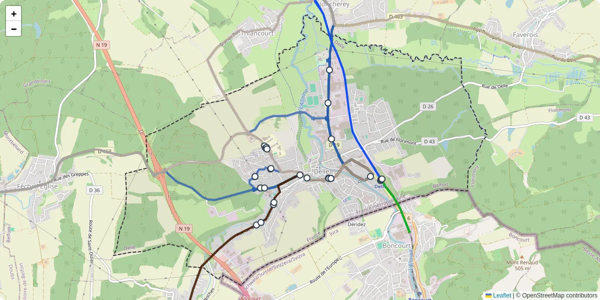 Carte du réseau de transport en commun à Delle - lignes de bus et arrêts