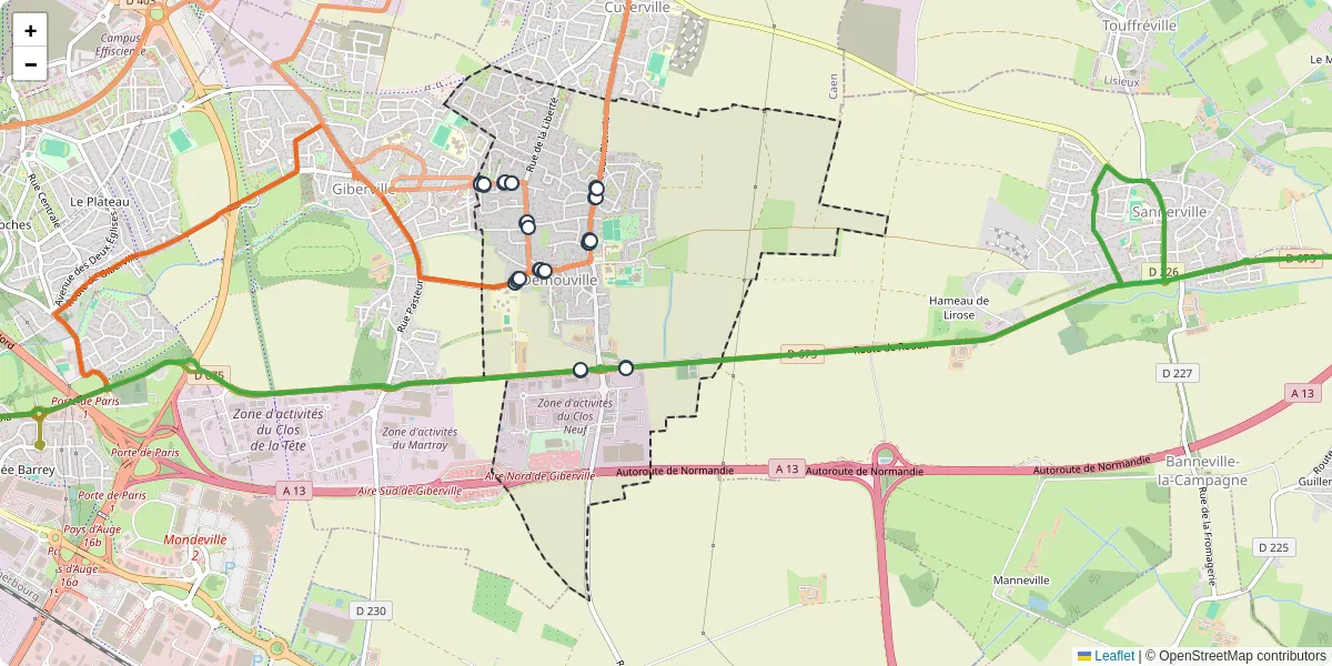 Carte du réseau de transport en commun à Démouville - lignes de bus et arrêts