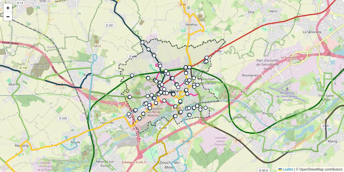 Carte du réseau de transport en commun à Denain - lignes de bus et arrêts