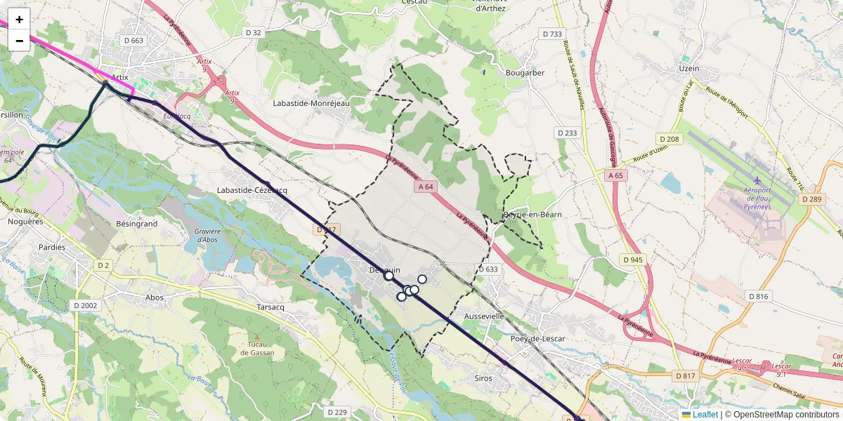 Carte du réseau de transport en commun à Denguin - lignes de bus et arrêts