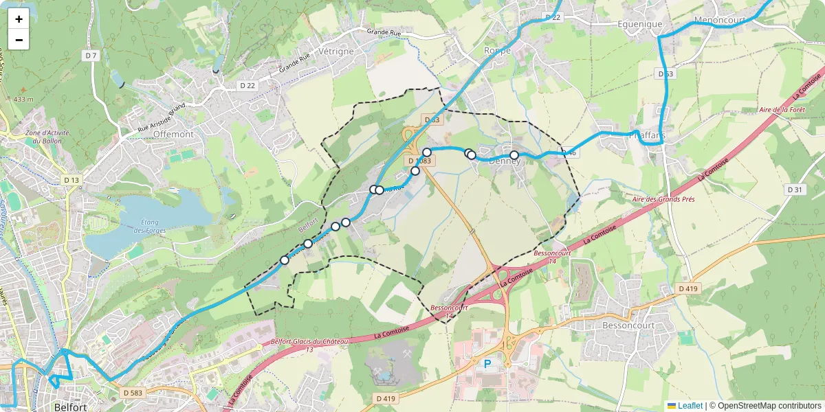 Carte du réseau de transport en commun à Denney - lignes de bus et arrêts
