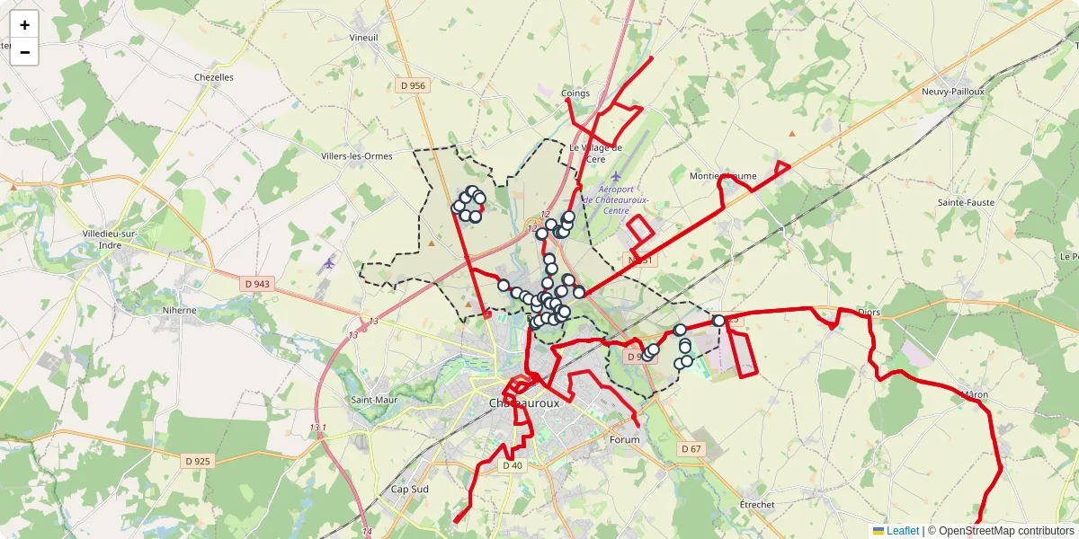 Carte du réseau de transport en commun à Déols - lignes de bus et arrêts