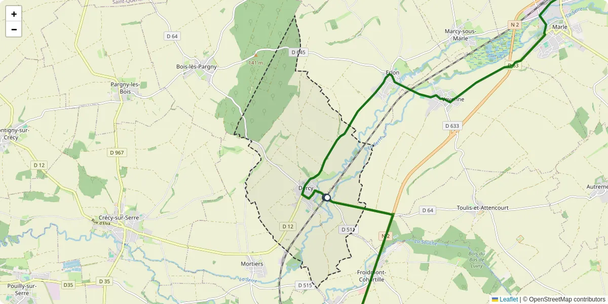 Carte du réseau de transport en commun à Dercy - lignes de bus et arrêts