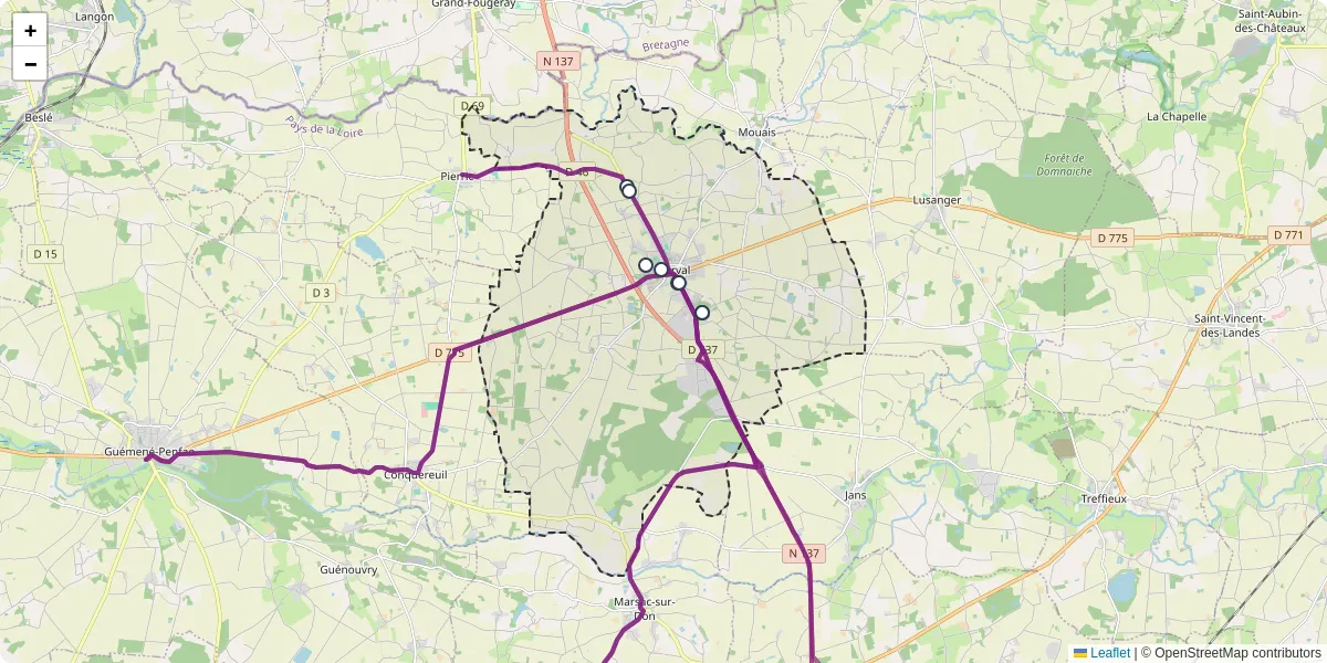 Carte du réseau de transport en commun à Derval - lignes de bus et arrêts