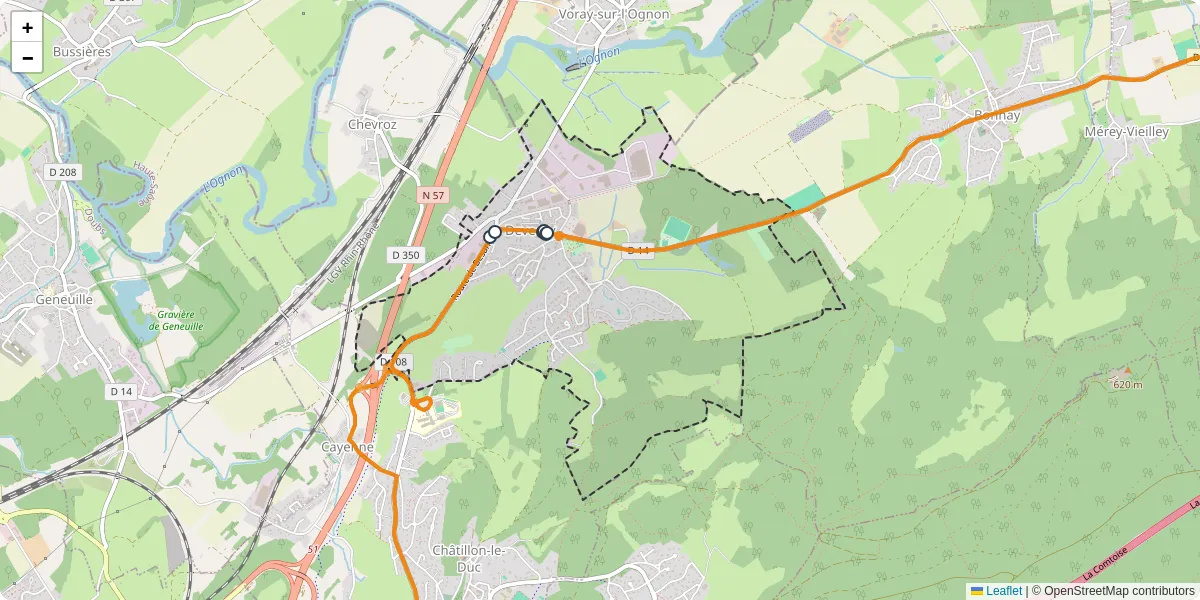 Carte du réseau de transport en commun à Devecey - lignes de bus et arrêts