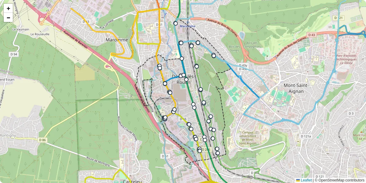 Carte du réseau de transport en commun à Déville-lès-Rouen - lignes de bus et arrêts