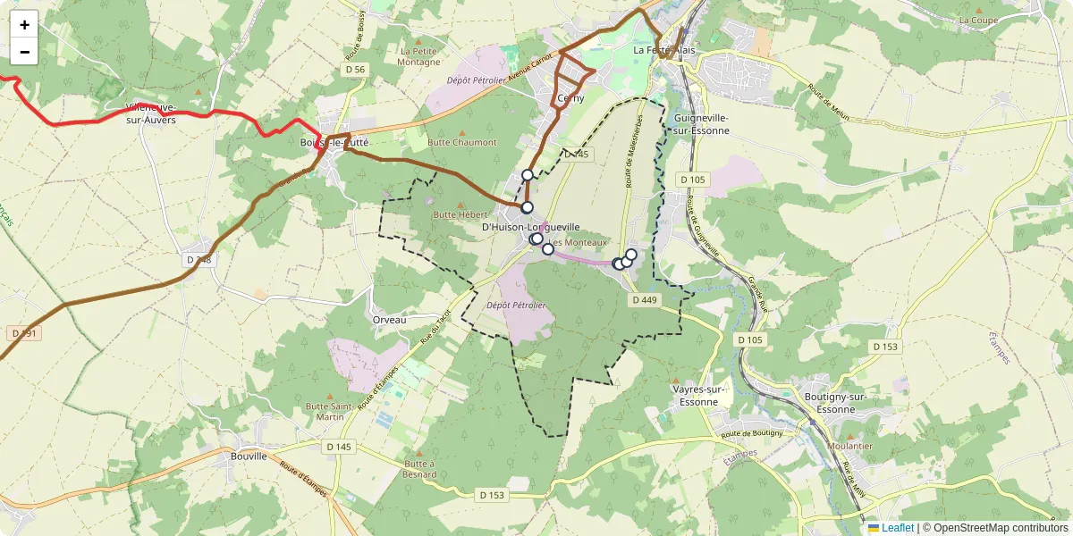Carte du réseau de transport en commun à D'Huison-Longueville - lignes de bus et arrêts