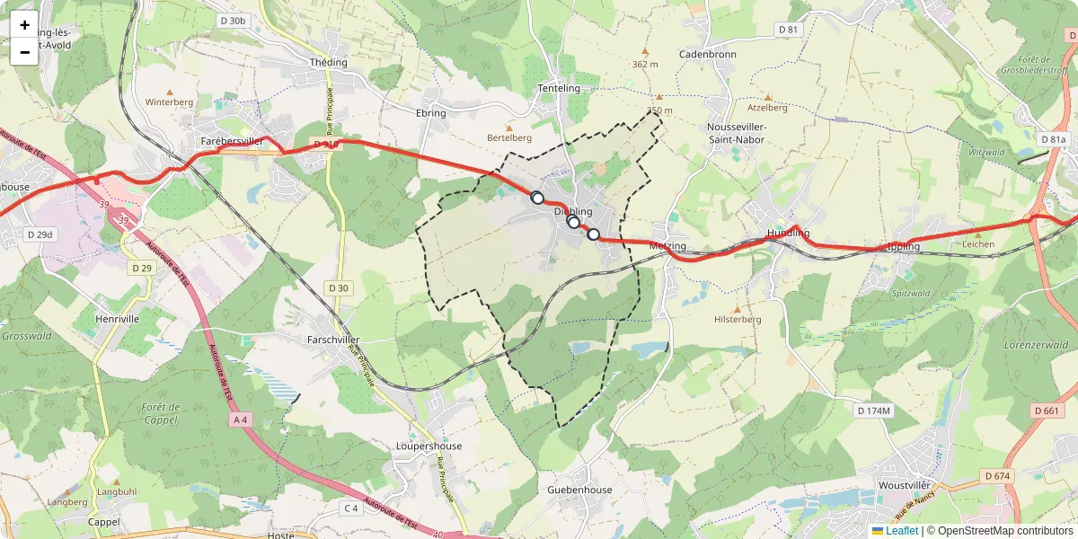 Carte du réseau de transport en commun à Diebling - lignes de bus et arrêts