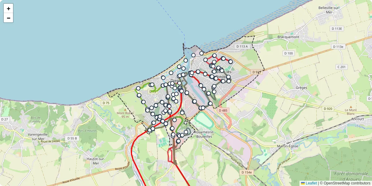 Carte du réseau de transport en commun à Dieppe - lignes de bus et arrêts
