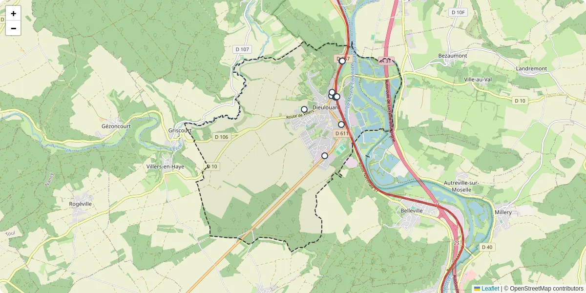 Carte du réseau de transport en commun à Dieulouard - lignes de bus et arrêts