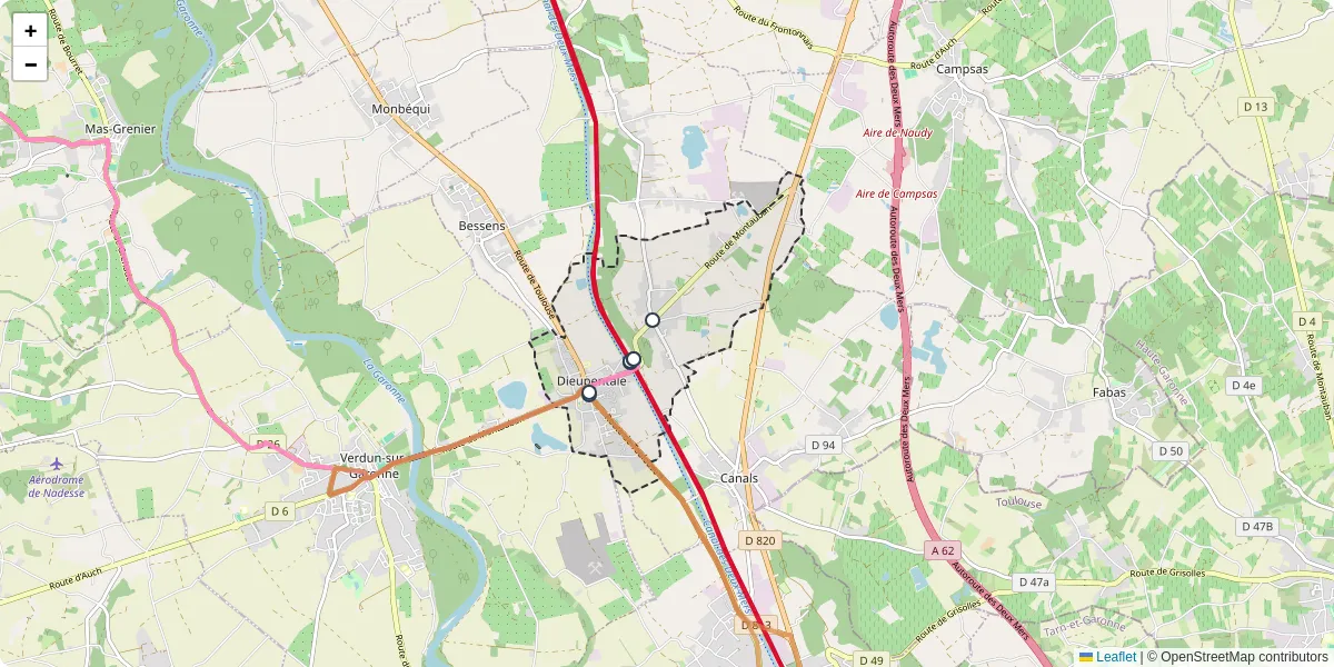 Carte du réseau de transport en commun à Dieupentale - lignes de bus et arrêts