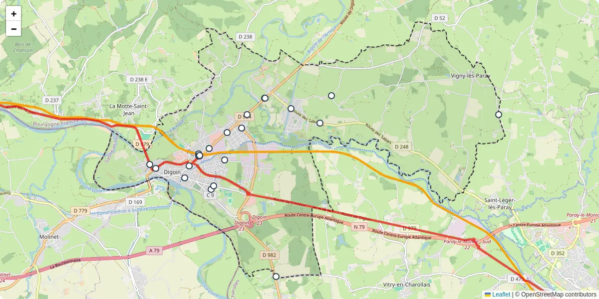 Carte du réseau de transport en commun à Digoin - lignes de bus et arrêts