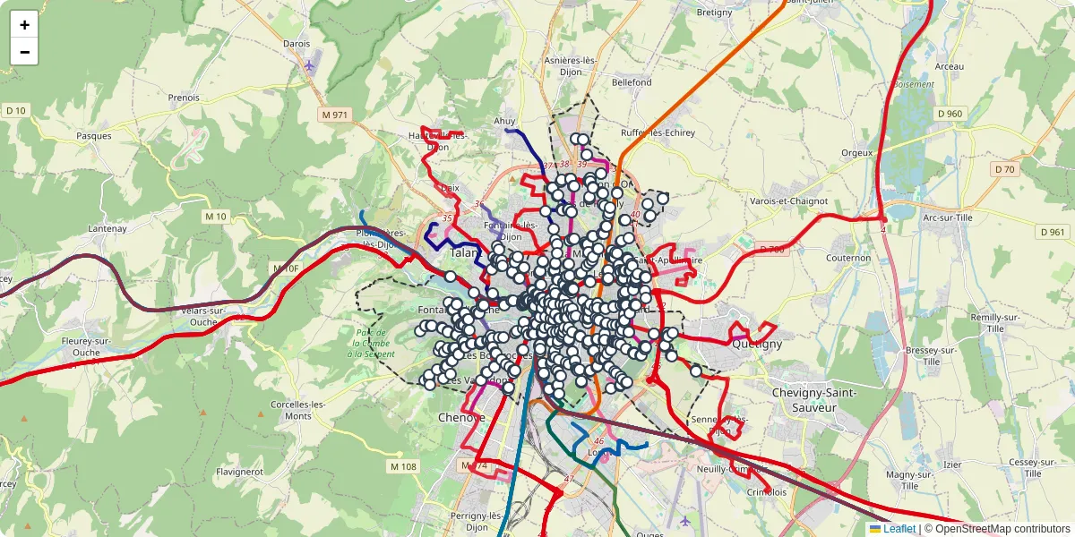 Carte du réseau de transport en commun à Dijon - lignes de bus et arrêts