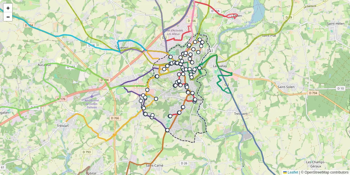 Carte du réseau de transport en commun à Dinan - lignes de bus et arrêts