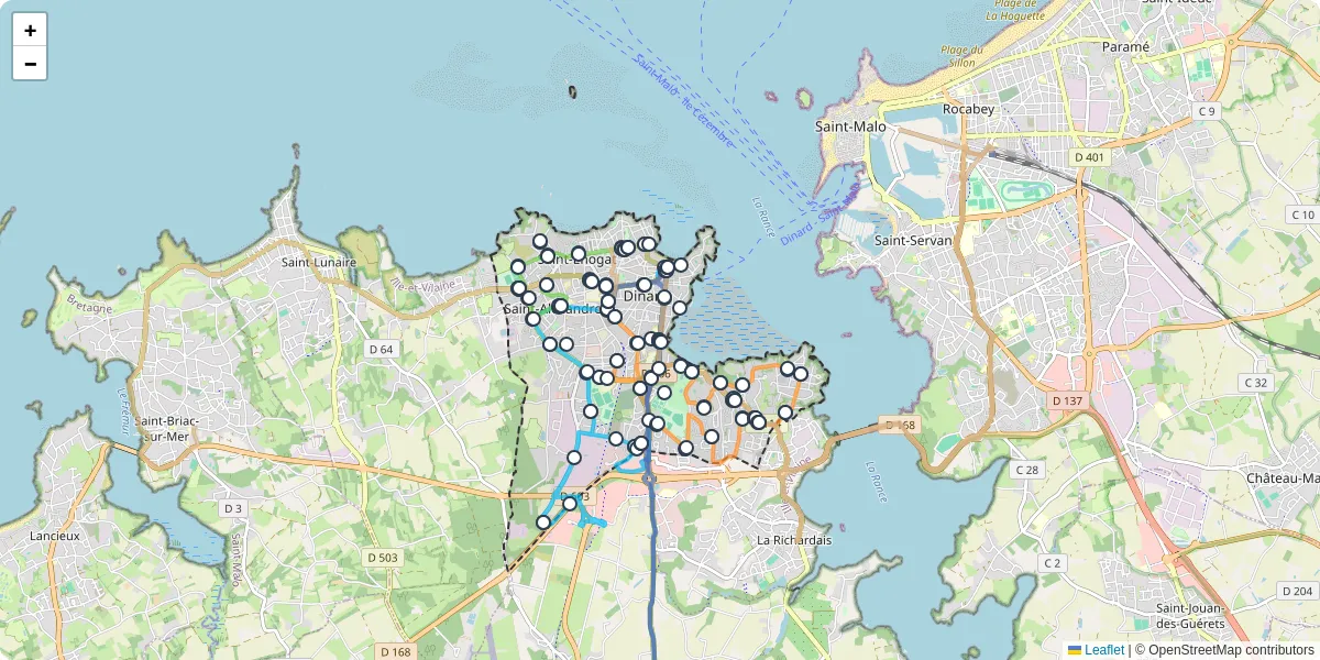 Carte du réseau de transport en commun à Dinard - lignes de bus et arrêts