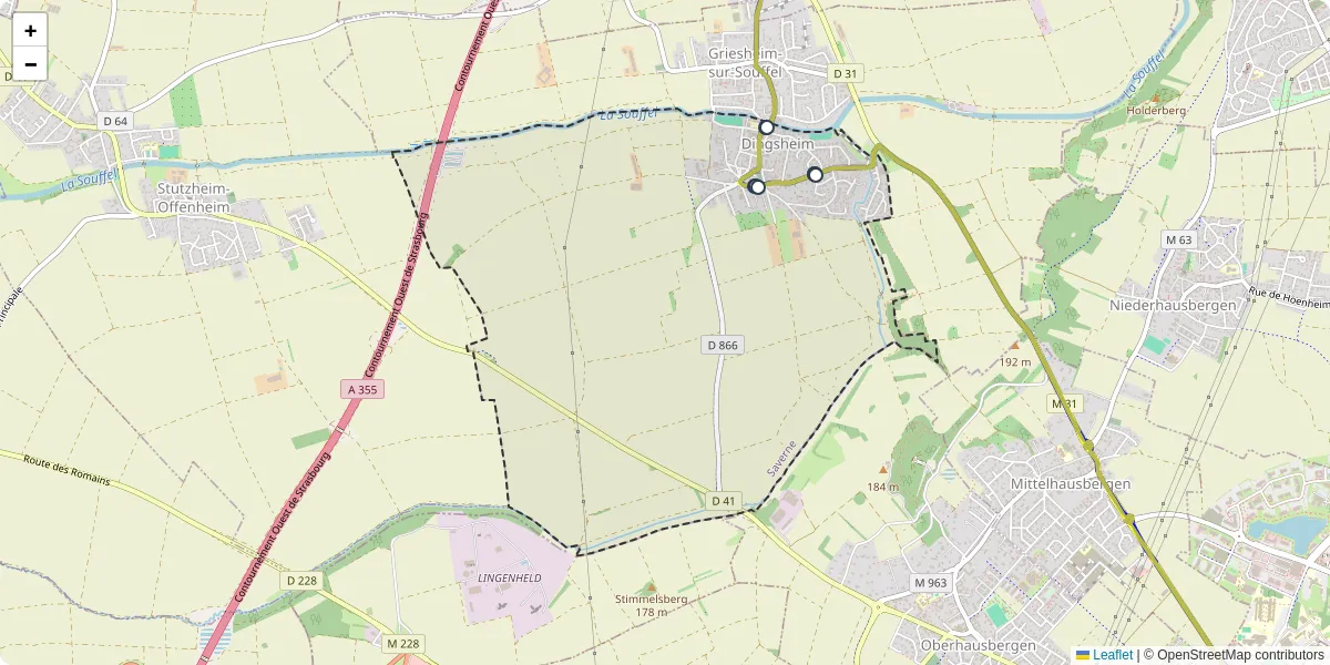 Carte du réseau de transport en commun à Dingsheim - lignes de bus et arrêts