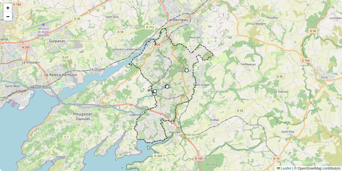 Carte du réseau de transport en commun à Dirinon - lignes de bus et arrêts