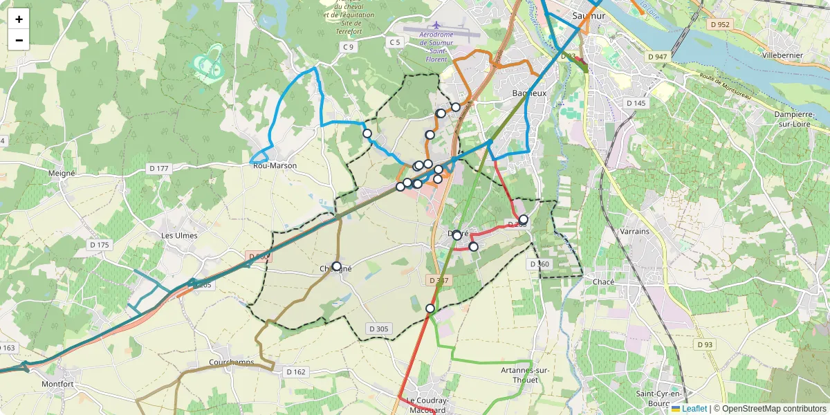 Carte du réseau de transport en commun à Distré - lignes de bus et arrêts