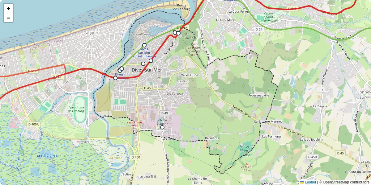 Carte du réseau de transport en commun à Dives-sur-Mer - lignes de bus et arrêts