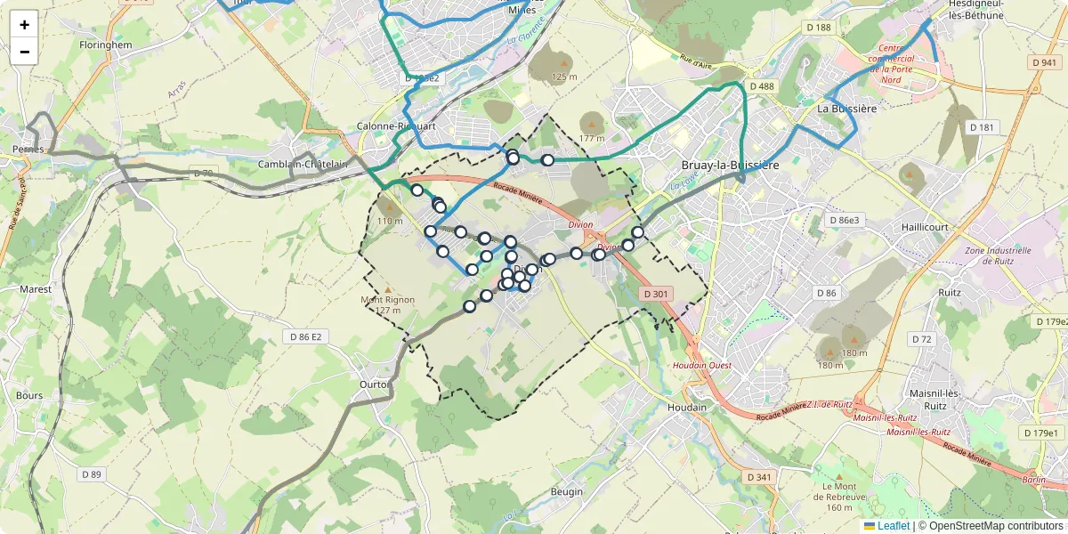 Carte du réseau de transport en commun à Divion - lignes de bus et arrêts