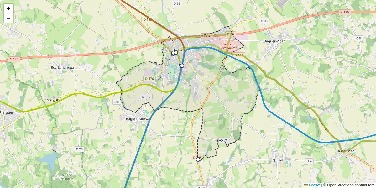 Carte du réseau de transport en commun à Dol-de-Bretagne - lignes de bus et arrêts
